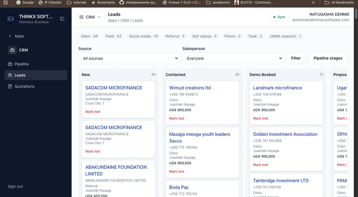 Ssentezo Business CRM leads pipeline board