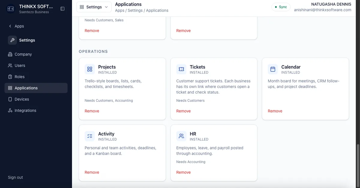 Ssentezo Business operations apps for projects, tickets, calendar, activity, and HR
