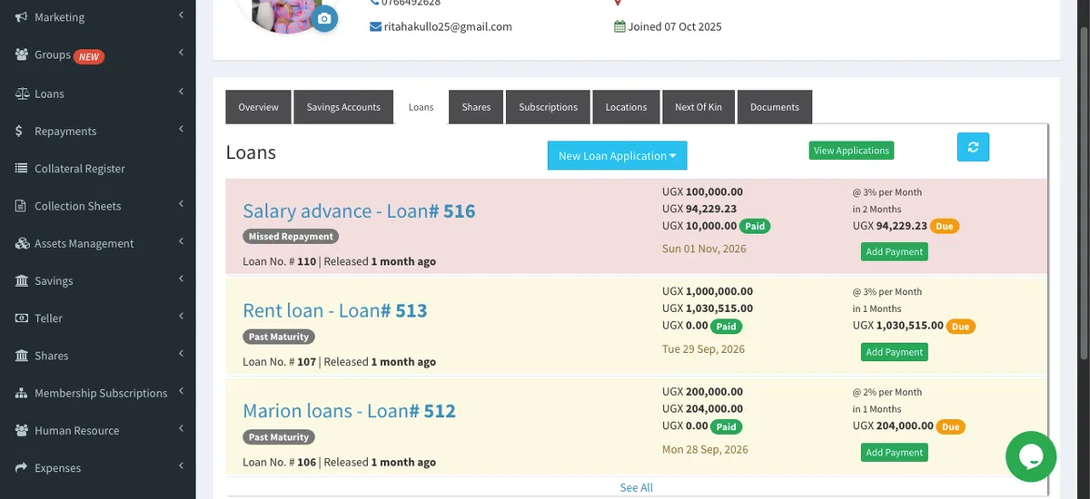 Ssentezo Core Banking client loans and repayment status